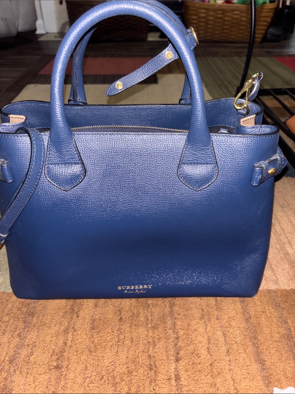 Burberry Navy Blue Leather Satchel with Gold Hardware